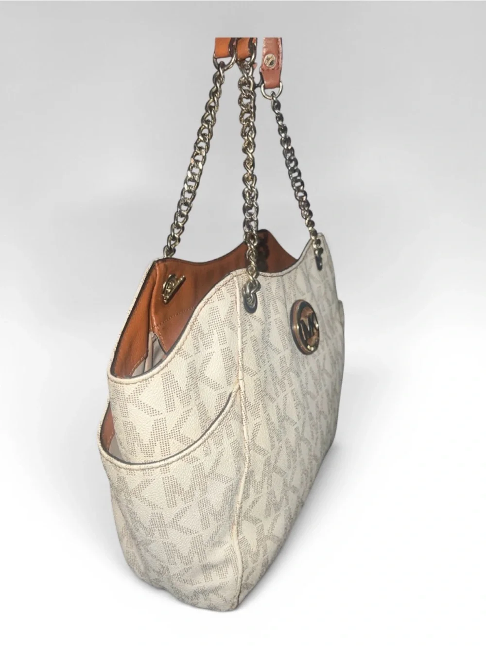 Michael Kors Jet Set Large Chain Shoulder Tote Vanilla Monogram Cream Gold Bag - Picture 2 of 7